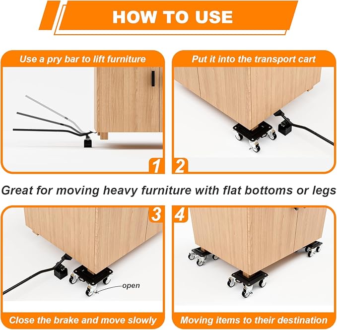 Furniture Dolly 5 Wheels Heavy Duty with Removable Side Guards,3307 Lbs Capacity,360° Rotating Wheels & Tail Brake,Furniture Movers Lifter Tool for Sofas,Beds, Appliances,–Stable,Safe,and Easy to Use
