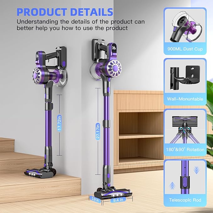 Cordless Vacuum Cleaner,Vacuum Cleaners for Home with Super Suction,Lightweight Stick Vacuum with 35 Mins Runtime,Rechargeable Cordless Vacuum for Carpet, Tile, Pet Hair, Hardwood Floors(Dark Purple)