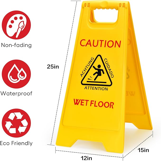 MATTHEW CLEANING 25'' Industrial Wet Floor Sign 3 Pack 2-Sided Safety A-Frame Birght Yellow Multilingual Warning Signs Commercial Caution Wet Fold-out Floor Signs For Indoors and Outdoors