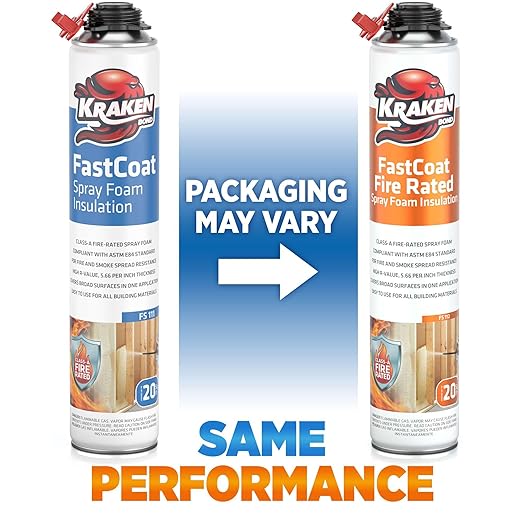 Kraken Bond Fastcoat Fire Rated Spray Foam Insulation Kit Closed Cell in a Can 240 sq ft (12x27.1 oz.) (R-Value 11.32 / 2in) - Spray Foam for Garage Door, Attic, Wall Gun & Cleaner Included, 12 Pack