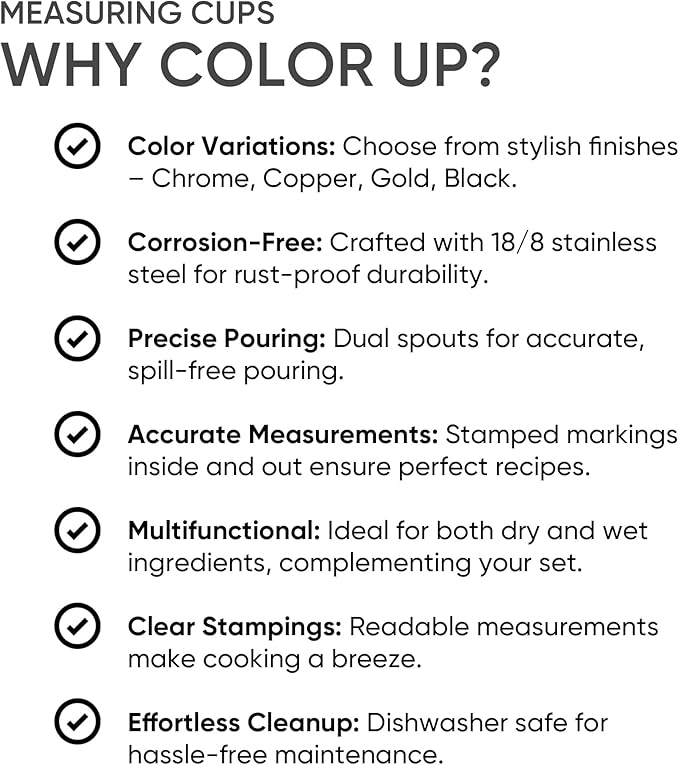 Color Up 1 Cup Measuring Cup (240 ml) – Premium Copper Stainless Steel, Accurate for Wet & Dry Ingredients, Embossed Markings, Easy-Pour Spouts, Dishwasher-Safe, Kitchen Essential