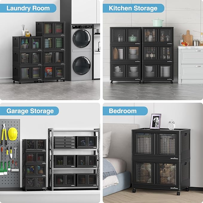 BROVIEW 500Qt Stackable Storage Bins with Lids, 125Gal Closet Organizers and Storage Drawer, Plastic Collapsible Storage Bins with Doors, Heavy Duty Store Box Cabinet for Home Kitchen, 5Pack Black