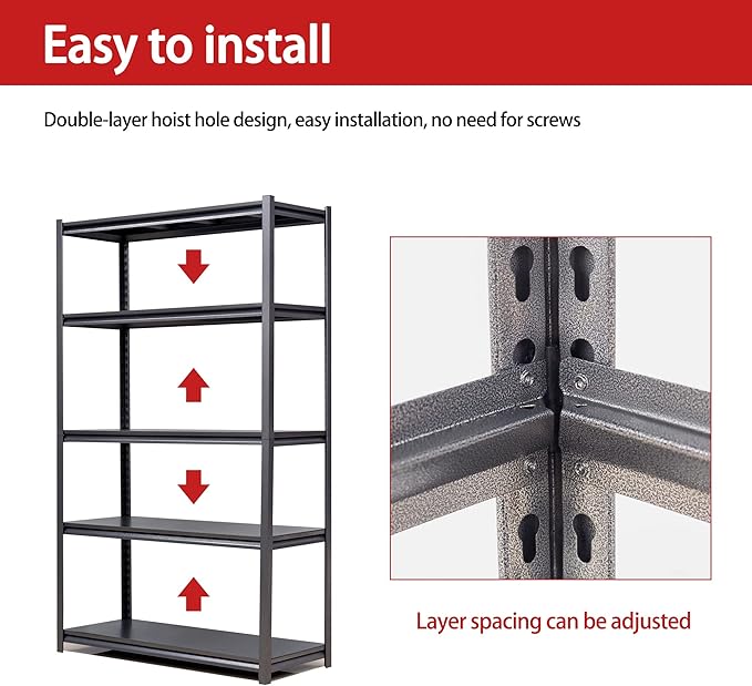 72" H Garage Shelving, Metal Storage Shelves, Adjustable 5 Tier Storage Rack, Heavy Duty Shelving, Industrial Utility Shelf for Garage, Warehouse, Bedroom, Kitchen, 24" D×48" W×72" H, Black