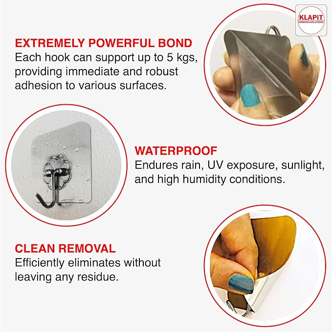 KLAPiT Super Hook - Heavy-Duty Adhesive Gold Wall Hooks, Holds Up to 11 lbs, Waterproof, No Damage, Easy Install on Tile, Wood, Stone, Glass & Metal - Made of Steel (Gold, 24pc)