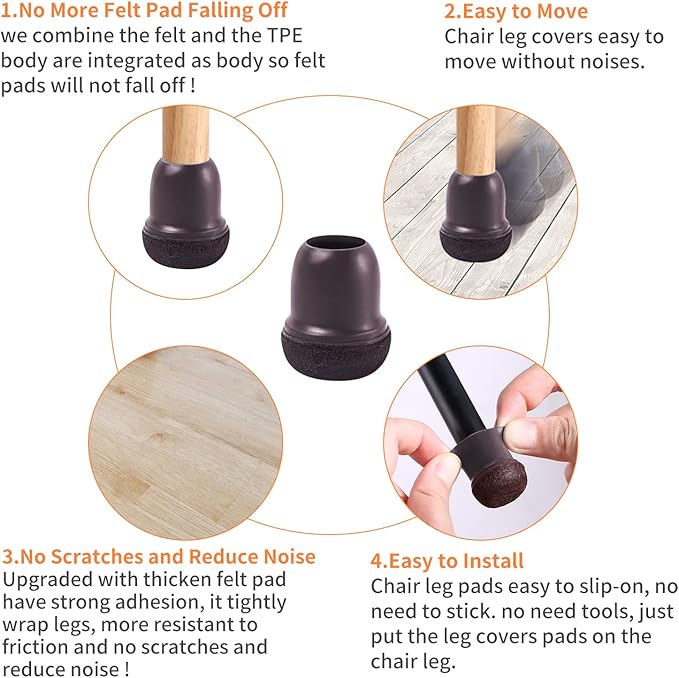 24 PCS Extra Small Silicone Chair Leg Floor Protectors with Felt, Chair Leg Caps, Felt Furniture Pads, Floor Protectors for Chair, Table Chair Leg Covers Cups, No Scratches (Fit 0.5"-0.8", Dark Brown)