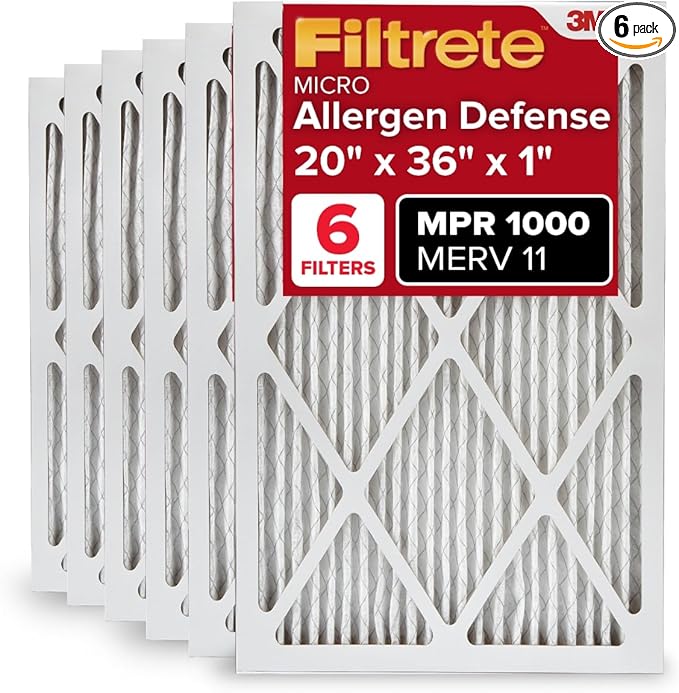 Filtrete 20x36x1 AC Furnace Air Filter, MERV 11, MPR 1000, Micro Allergen Defense, 3-Month Pleated 1-Inch Electrostatic Air Cleaning Filter, 6 Pack (Actual Size 19.81x 35.81x0.81 in)