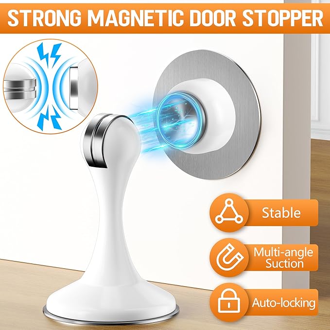 Crosize Magnetic Door Stoppers 4 Pack, Stainless Steel Door Catch for Wall and Floor Mounting, Door Holder Keep Door Open, No Drilling Door Stop with Adhesive Tapes, White