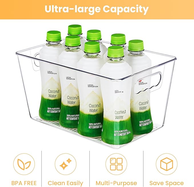 YIHONG Clear Plastic Storage Bins, 4 Pack Pantry Organizer Bins with Handle for Kitchen, Freezer,Cabinet,Closet Organization and Storage