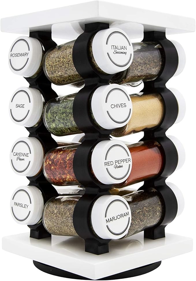 Orii Spice Rack 16 Jar Set White Filled with Spices - Rotating Standing Rack Shelf Holder & Countertop Spice Rack Tower Organizer for Kitchen Spices