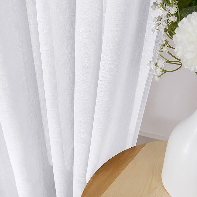 Tollpiz Short Sheer Curtain Living Room Linen Textured Curtains Sheer Light Filtering Voile Rod Pocket Curtain for Bedroom, 38 x 54 inches Long, White, Set of 2 Panels