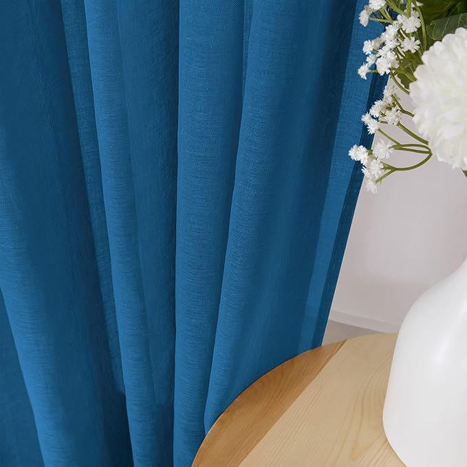 Tollpiz Short Sheer Curtains Linen Textured Bedroom Curtain Sheers Light Filtering Rod Pocket Voile Curtains for Living Room, 54 x 45 inches Long, Classic Blue, Set of 2 Panels