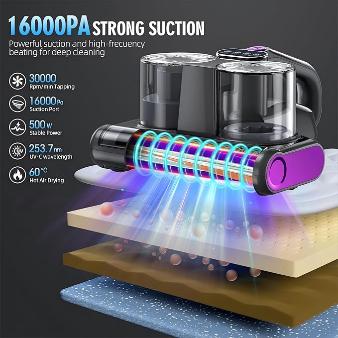 Mattress Vacuum Bed Vacuum Cleaner with UV 16Kpa Suction Filter 253.7nm UV-C Light & 30000 RPM/Min Brushroll Rotation & Heating & Ultrasonic Quintuple Tech, Widened Suction Port, 500W, Corded