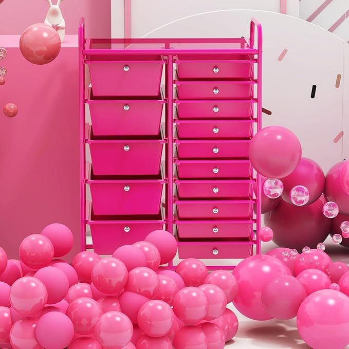 GOFLAME 15-Drawer Rolling Storage Cart, Multipurpose Movable Organizer Cart, Utility Cart for Home, Office, School, Hot Pink