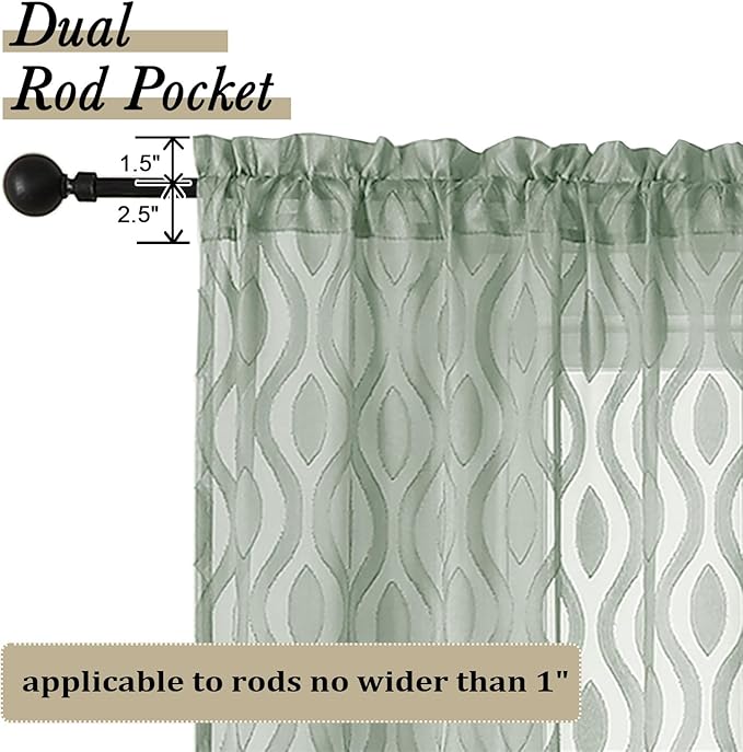 Aiyufeng Green Valance Curtains 14 Inch Length, Chic Wavy Line Clip Jacquard Sheer Curtains for Basement Bathroom Small Curtain, Lightweight Solid Rod Pocket Small Window Curtains, 2 PCS, 40Wx14L Inch