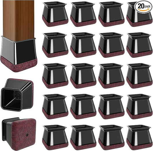 20 Pcs Chair Leg Floor Protectors for Hardwood Floors, Black Rubber Furniture Sliders with Felt, Silicone Furniture Leg Caps Covers (Fit Square Diameter:1.06" to 1.44")