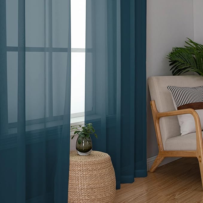 Chyhomenyc Dusty Blue Sheer Curtains 36 inch Length 2 Panels, Light Filtering Voile Short Window Curtians for Bathroom Small Windows, 42Wx36L inches,Stone Blue