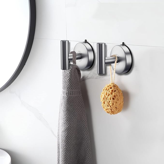 DGYB Large Suction Cup Hooks for Shower Set of 2 Brushed Nickel Towel Hooks for Bathrooms 11 Lbs Wall Hook for Hanging Coat, Robes, Loofah