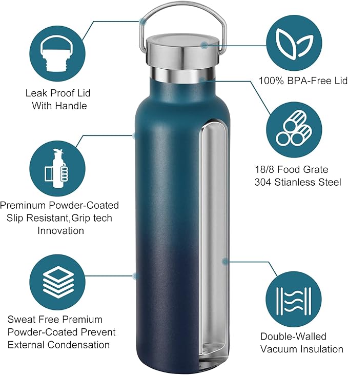 Neihepal 20 oz Insulated Water Bottles Bulk 4 Pack,Stainless Steel Double Wall Sport Bottle with Lid of Handle,Metal Reusable Thermoses Flask for School,Cyclists,Hikers,Gift (Dark Night,Set of 4)