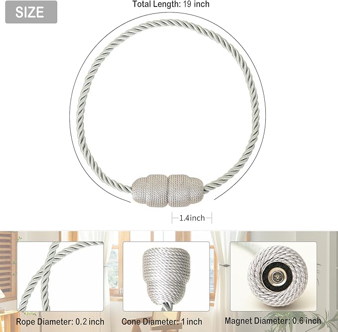 Magnetic Curtain Tiebacks - Rope Tiebacks for Curtains & Drapes, Decorative Window Holdbacks (8 Pack, Grey)