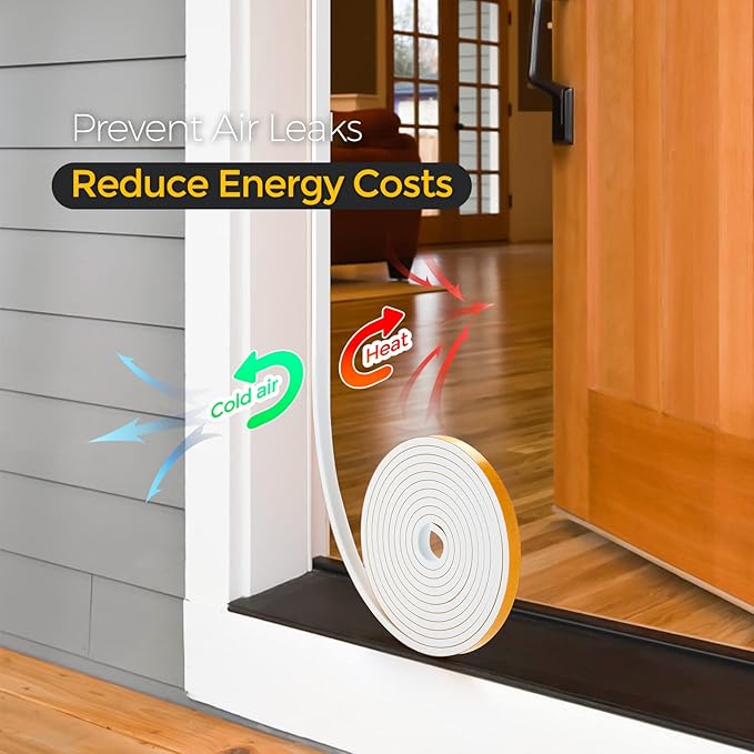 13 Feet Weather Stripping Door Seal, 1/2" Wide X 3/8" Thick Door Seal Strip High Density Foam Tape Adhesive Strip for Door Soundproofing,Window Insulation (1/2" x 3/8" x 13FT,White)