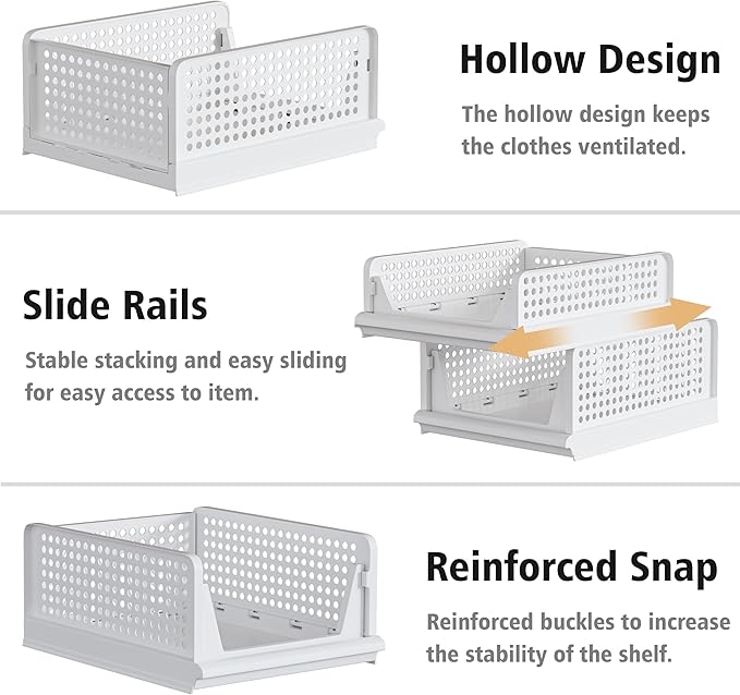 Proarea Stackable Plastic Storage Basket Closet Organizer Bin Foldable Clothes Organizer Storage Drawer Shelf Container for Living Room Bathroom Kitchen Office Laundry Room