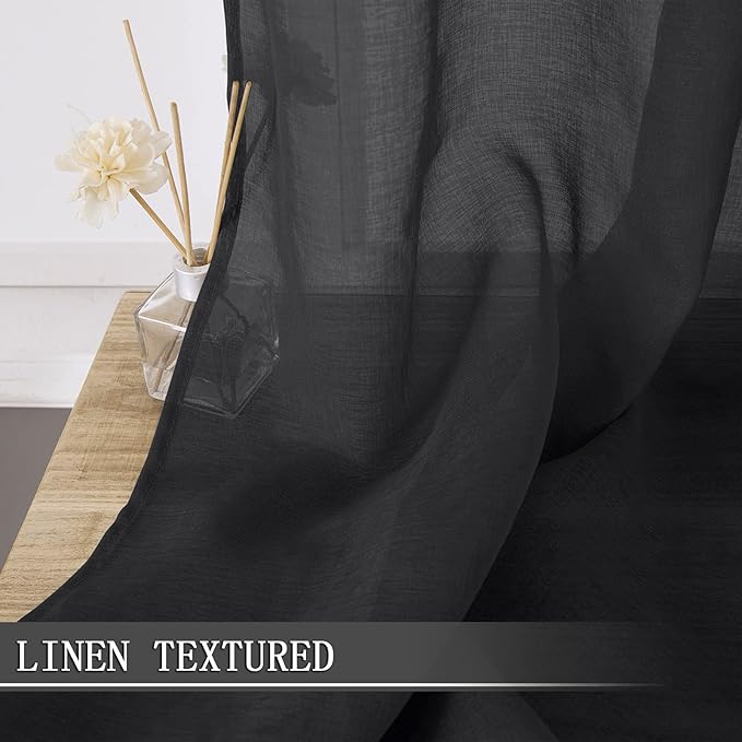 Tollpiz Sheer Tier Curtain Linen Textured Half Kitchen Curtains Sheer Light Filtering Rod Pocket Voile Small Curtains for Bathroom, 25 x 36 inches Long, Black, Set of 2 Panels