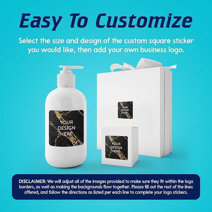 100 Custom Vinyl Stickers - Upload Your own Image, Text, Design, Logo - Personalized Logo Labels for Handmade, Packaging, Bottle, Jars, Candle, Brand Stickers (Black Gold Marble, 6x6 Square)