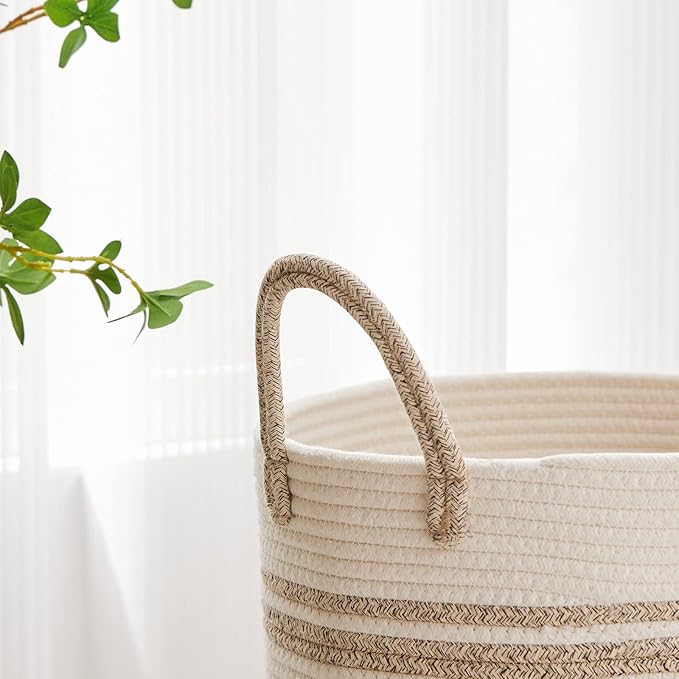 VIPOSCO Large Laundry Hamper, Tall Woven Rope Storage Basket for Blanket, Toys, Dirty Clothes in Living Room, Bathroom, Bedroom - 100L Brown & White