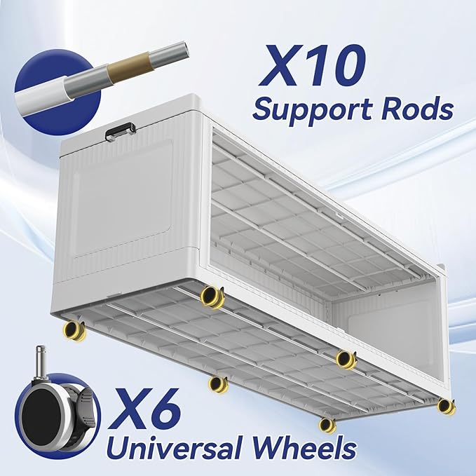 150 Gallon Extra Large Collapsible Storage Bin with Lid, 600QT Stackable Plastic Organizer with 6x Wheels, Foldable Drawer Cabinet for Closet, Living Room Office Dorm 3Pack, White