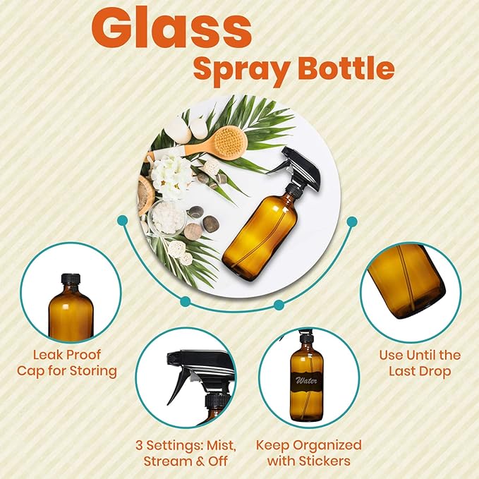 Amber Glass Spray Bottles For Cleaning Solutions (4 Pack) - 16 Ounce, Refillable Sprayer for Essential Oil, Water, Kitchen, Hair. Durable Black Trigger Sprayer w/Mist and Stream Settings