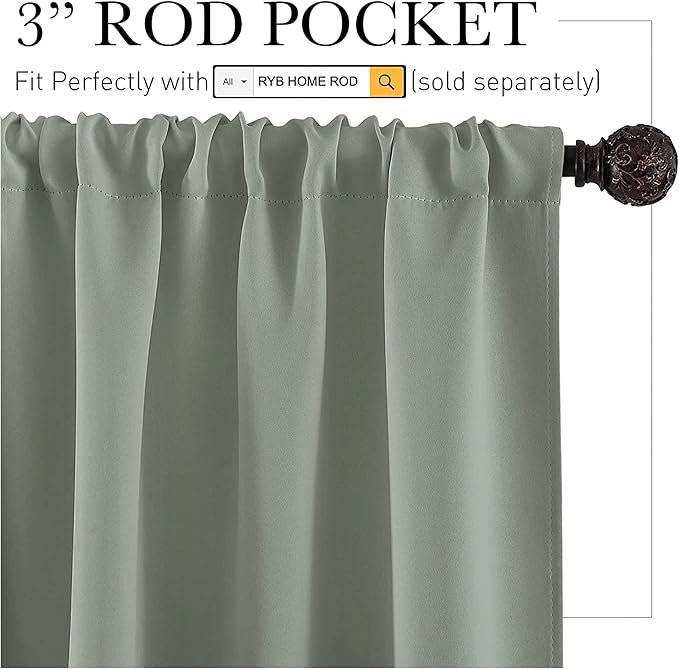 RYB HOME Short Curtains 36 inch 2 Panels Set, Room Darkening Small Window Drapes Thermal Insulated Cafe Curtains for Kitchen Dorm Transit Van, W42 x L36 inch, Grayish Green