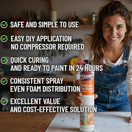 Kraken Bond Fastcoat Fire Rated Spray Foam Insulation Kit Closed Cell in a Can 120 sq ft (6x27.1 oz.) (R-Value 11.32 / 2in) - Spray Foam for Garage Door, Attic, Wall Gun & Cleaner Not Included, 6 Pack
