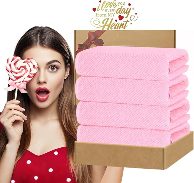 VOOVA & MOVAS Pink Bath Towels Set of 4, Large 30" x 56" - 100% Cotton | Quick Dry | Light Weight | Thick | Soft | Absorbent, Decorative Bath Towels, Towel Gift Set, Baby Pink