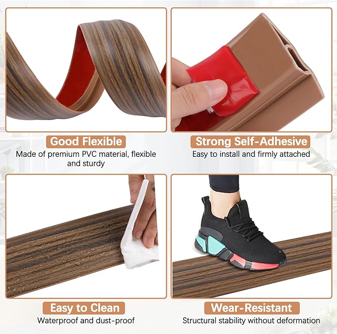 Vinyl Door Threshold Flooring Transition Strip Self Adhesive Carpet Edging Strip for Laminate Doorway Edge Threshold from 1/5" to 2/5" (Smoked Brown Wood Grain, 10 Ft)