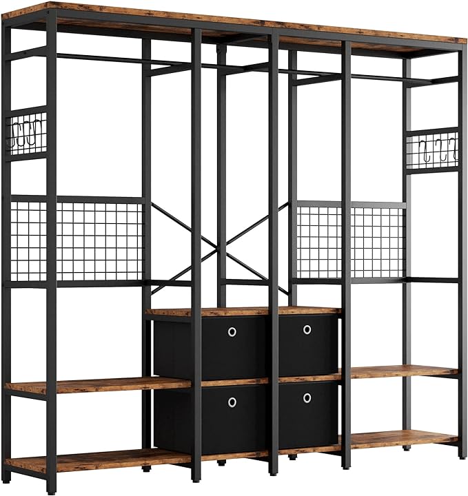 IRONCK Garment Racks with Shelves 4 Drawers and 8 Hooks Heavy Duty Closet Organizer for Hanging Clothes, Freestanding Closet Wardrobe Rack, Vintage Brown