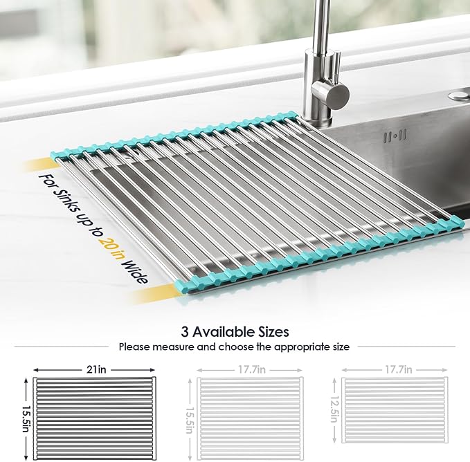 Tomorotec 21" x 15.5" Roll Up Dish Drying Rack Over Sink Drying Rack Sink Cover Kitchen Sink Accessories Gadget Multipurpose Organizer Foldable Stainless Steel Drainer