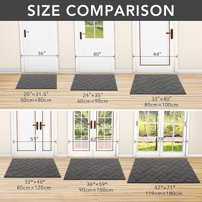 hicorfe Dirt Trapper Indoor Doormat,20"x31.5" Welcome Door mat,Non Slip Backing Washable Door Mats,Absorbent and Resistant Low-Profile Entrance Inside Floor Mat for Front Back Door and Entryway (Grey)