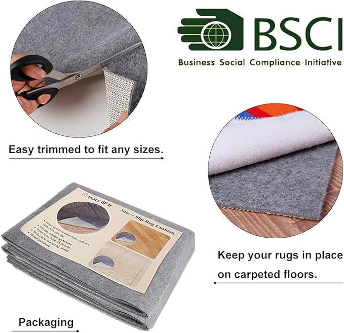 Non Slip Rug Pad Grippers - 6x9, 1/8" Thick, (Felt + Rubber) Double Layers Area Carpet Mat Tap, Provides Protection and Cushioning for Hardwood or Tile Floors