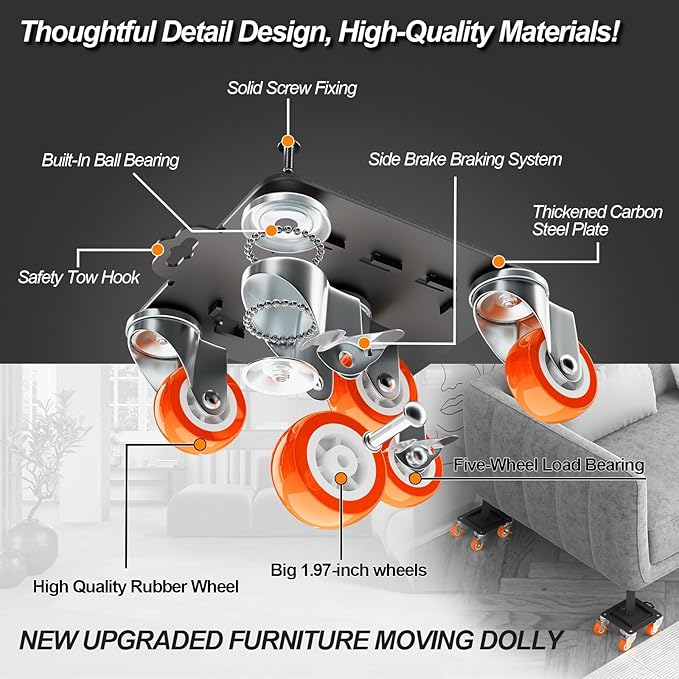 Furniture Dolly 5 Wheels Heavy Duty with Removable Side Guards,3307 Lbs Capacity,360° Rotating Wheels & Side Brake,Furniture Movers Lifter Tool with Wheels for Appliances,Sofas,Beds,Pianos