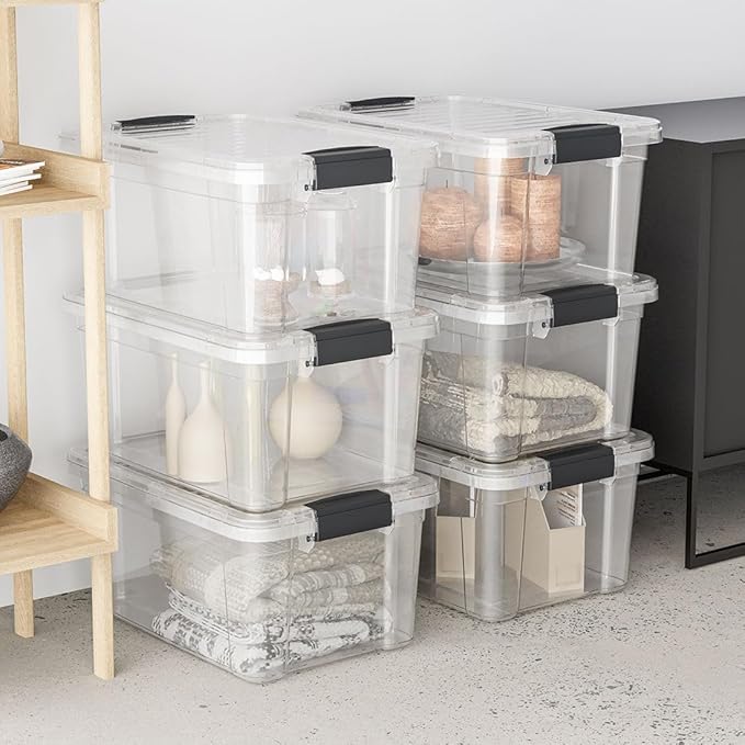 Superio Storage Bins with Lids- 4 Pack, 6.6 Qt Clear Boxes for Organizing, Stackable Plastic Containers- BPA Free, Non-Toxic, Odor Free, Organizer for Home, Office, Dorm