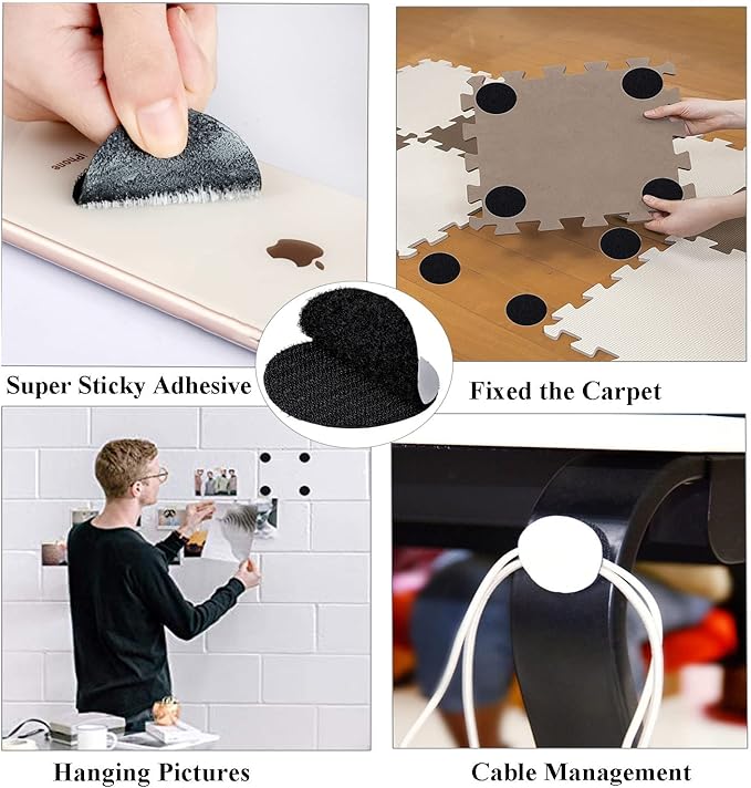 BRAVESHINE 12PCS Industrial-Strength Hook and Loop Fasteners - Double Sided Sticky Tapes - Anti Slip Rug Gripper Tapes Carpet Stickers for Home Office Use - Round Adhesive Wall Mounting Tape 1.5inch