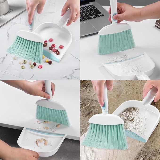 NACENA Small Dust Pan and Brush Set, Mini Broom and Dustpan Set Small Hand Broom and Brush Combo Dust Pan with Teeth for Home Cleaning Drawers Desktop Sofas Pet Care and Outdoor, Blue