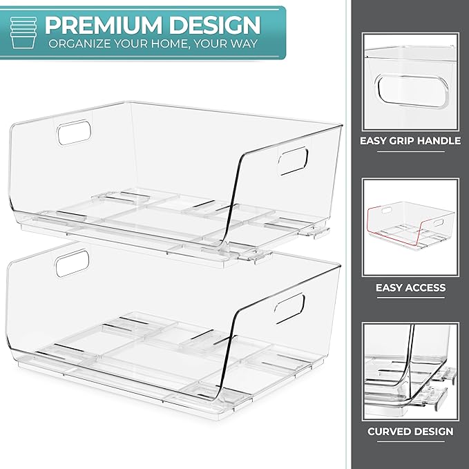 Sorbus Stackable Storage Bins Open Front - Pantry Bins for Storage and Organization - Acrylic Stackable Bins for Kitchen - Clear Pantry Organizer Bin (Large 4 Pack)
