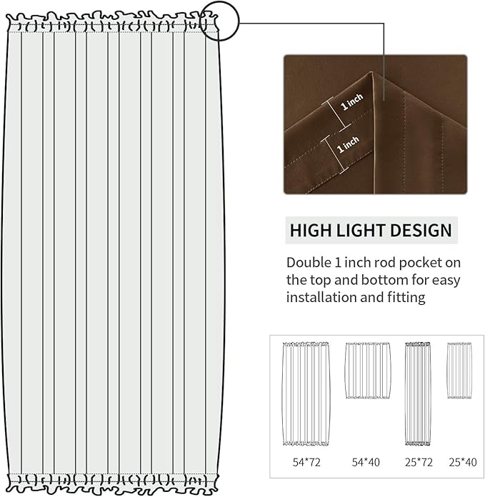 DWCN French Door Curtains – Rod Pocket Thermal Blackout Curtain for Doors with Glass Window, Kitchen and Patio Doors for Privacy, 25 X 40 Inch Length, 1 Curtain Panel with Tieback, Brown