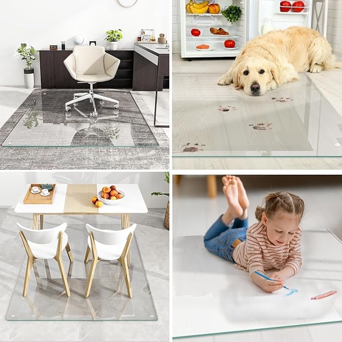 [Tempered Glass] 48" x 60" Glass Chair Mat, Heavy Duty Hard Tempered Glass Mat with Round Corner and Polished Edge, Transparent Glass Office Chair Mat for Office and Home Hard Floor or Carpeted