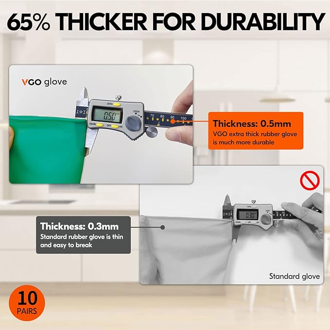 Vgo... 10-Pairs Reusable Household Gloves, Rubber Dishwashing gloves, Extra Thickness, Long Sleeves, Kitchen Cleaning, Working, Painting, Gardening, Pet Care (Size S, Green, HH4601)