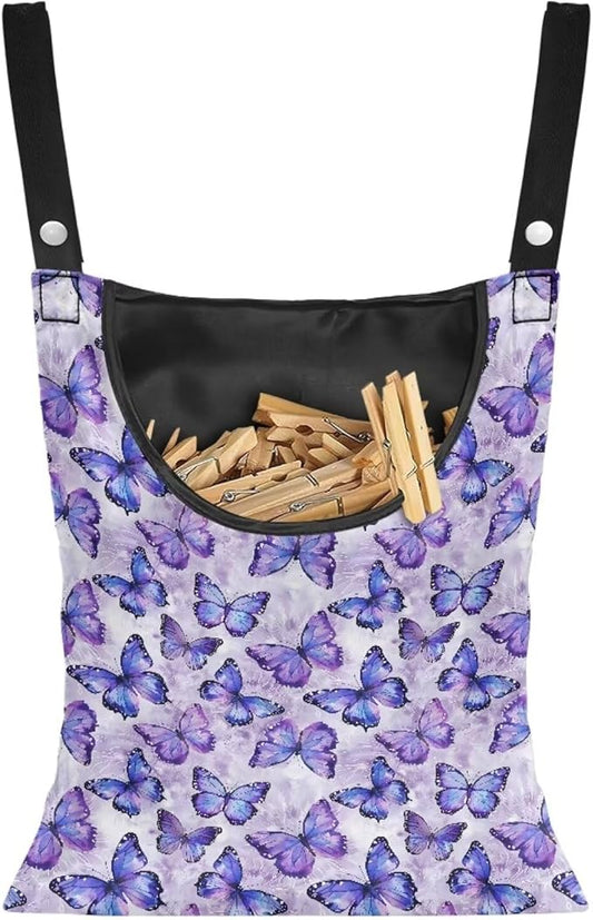 2 Pcs Butterfly Purple Clothespin Bag for Clothesline Outdoor, Soft & Lightweight Hanging Bag for Laundry, Clothes Pins Bag Holder Outdoor, Clothes Pin Bag for Outside