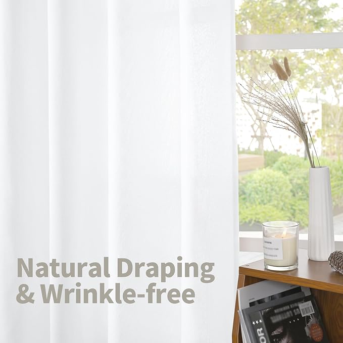 YoungsTex White Linen Curtains for Living Room 95 Inch Long 2 Panels, Semi Sheer Drapes Light Filtering with Pinch Pleated for Bedroom Dining Room Floor Length Window Treatments, 40 X 95 Inch