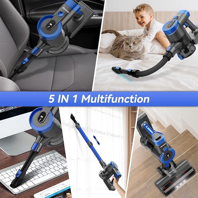DEVOAC V90 Cordless Vacuum Cleaner, Up to 45mins Runtime, 40KPa Powerful Suction, 60dB Ultra Quiet, 6 in 1 Cordless Stick Vacuum Cleaner for Hard Floor, Carpet, Pet Hair(Blue)
