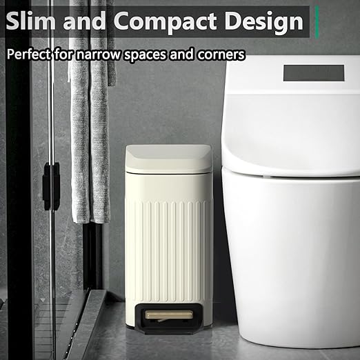 CEROELDA Small Bathroom Trash Can with Lid Soft Close-5L/1.3 Gal Slim Garbage Can-Metal Step Wastebasket-Rectangle Narrow Waste Bin for Office, Bedroom, Toilet, Live Room (Embossed-Beige)